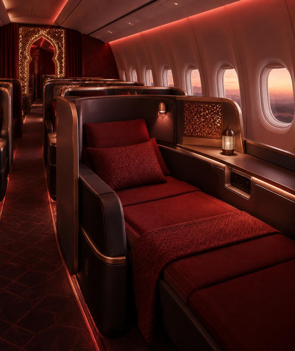 Premium business class cabin with crimson ambient lighting