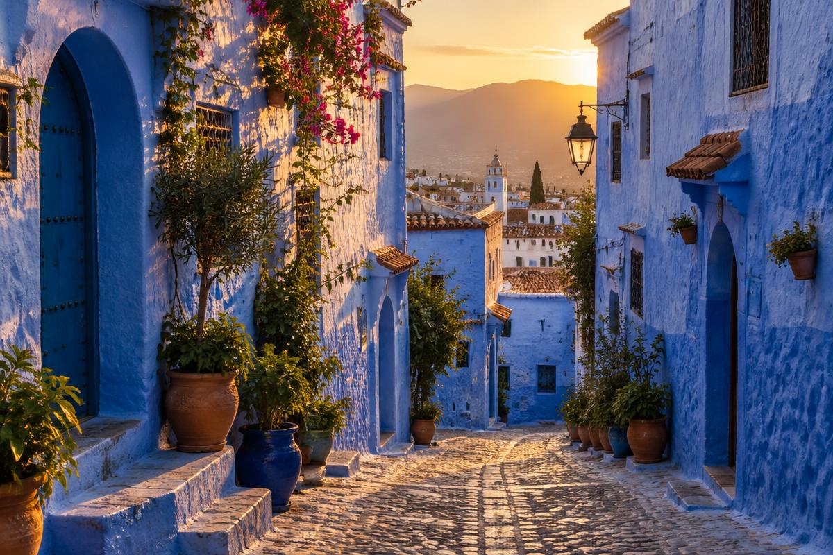 The blue streets of Chefchaouen at golden hour